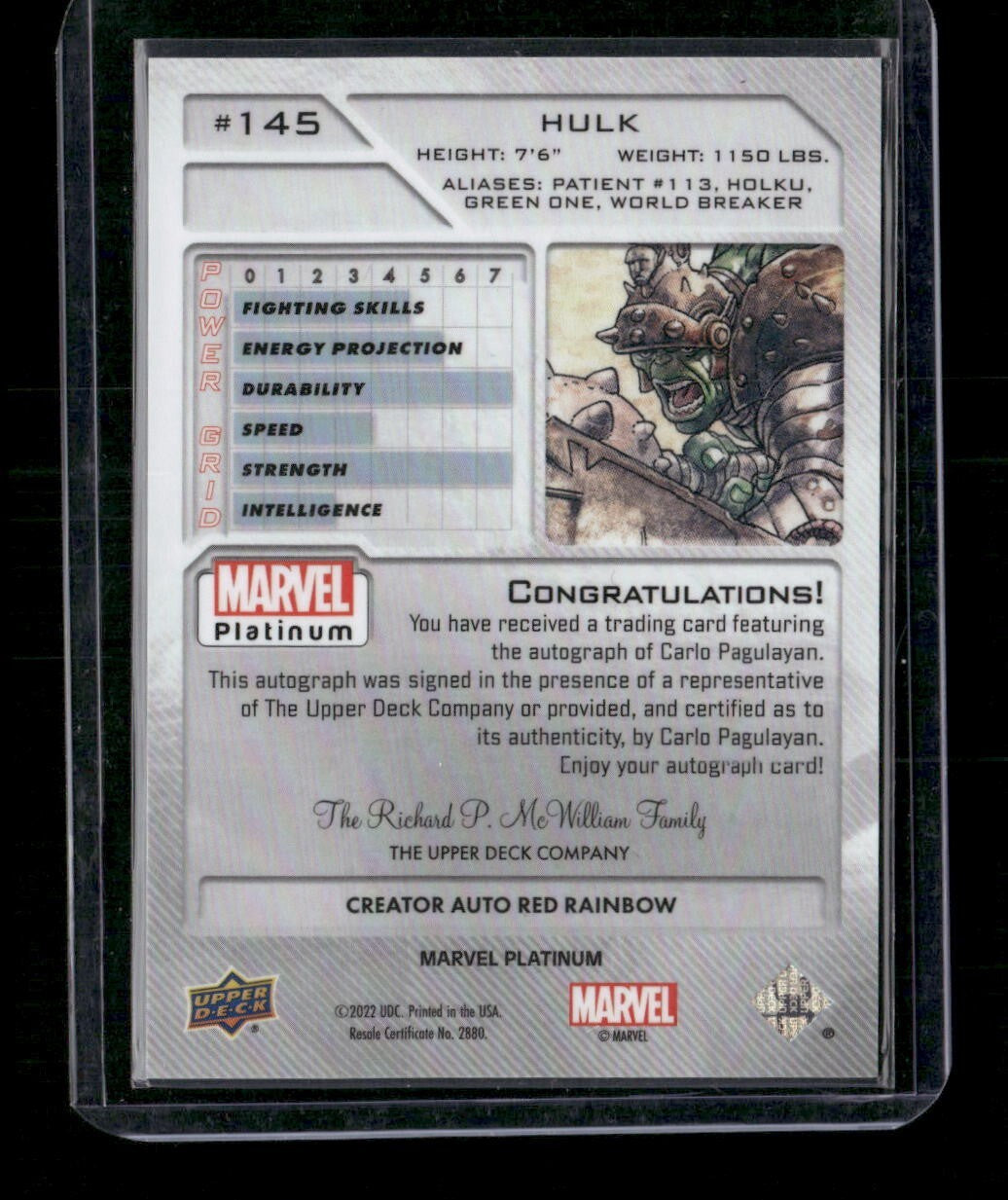 Hulk #145 Creator Auto Red Rainbow Upper Deck 2023 Marvel Platinum