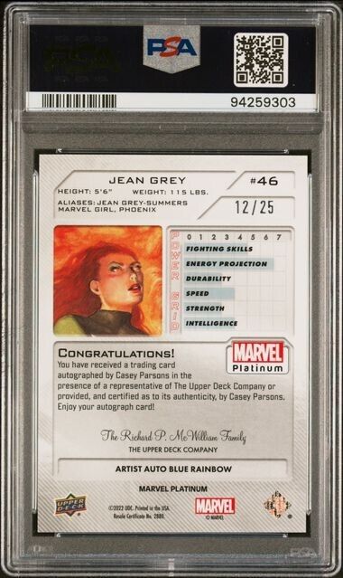 Jean Grey #46 Artist Auto Blue Rainbow /25 PSA 9 Upper Deck 2023 Marvel Platinum