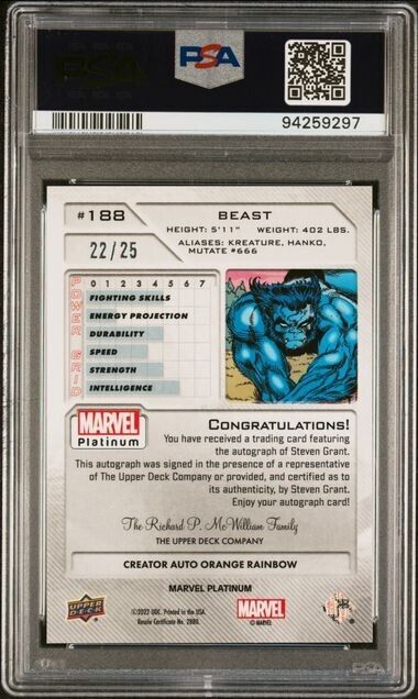 Beast #188 Creator Auto Orange Rainbow /25 PSA 10 UD 2023 Marvel Platinum