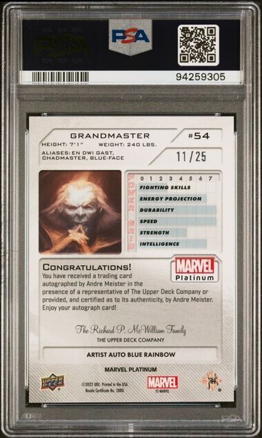 Grandmaster #54 Artist Auto Blue Rainbow /25 PSA 10 UD 2023 Marvel Platinum