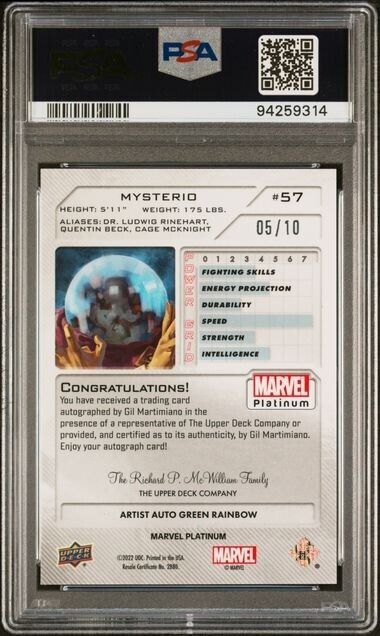 Mysterio #57 Artist Auto Green Rainbow /10 PSA 10 UD 2023 Marvel Platinum