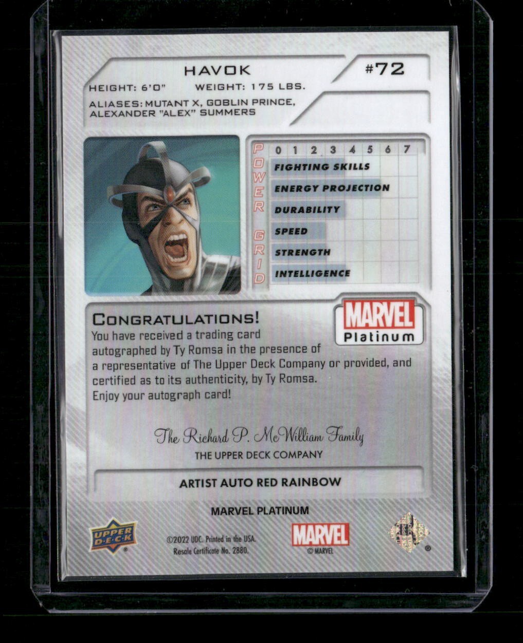 Havok #72 Artist Auto Red Rainbow Upper Deck 2023 Marvel Platinum
