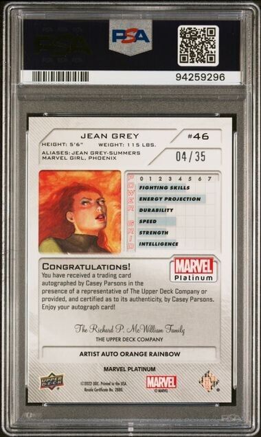 Jean Grey #46 Artist Auto Orange Rainbow /35 PSA 9 UD 2023 Marvel Platinum