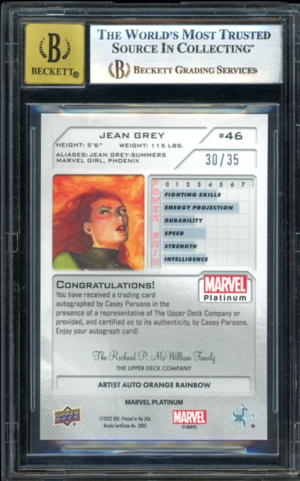 BGS 8.5/10 Jean Grey Orange Auto /35 2023 Upper Deck Marvel Platinum Card PSA