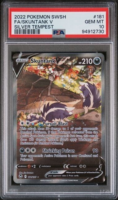 Skuntank V #181 Alt Art PSA 10 2022 Sword & Shield Silver Tempest Pokemon Card