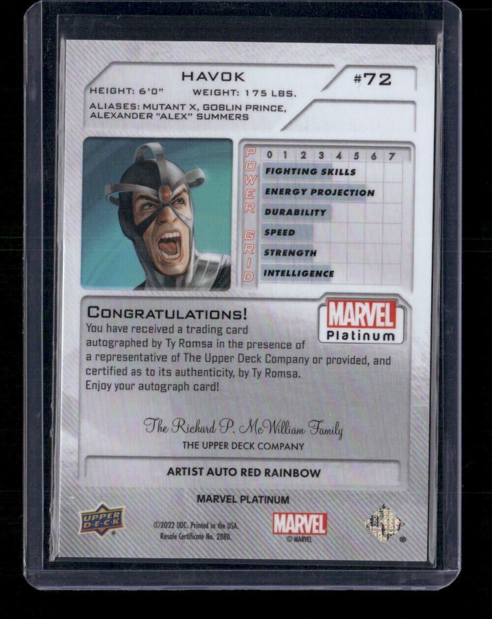 Havok #72 Artist Auto Red Rainbow Upper Deck 2023 Marvel Platinum