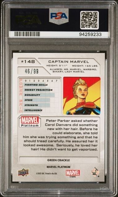 Captain Marvel #148 Green Crackle /99 PSA 10 Upper Deck 2023 Marvel Platinum