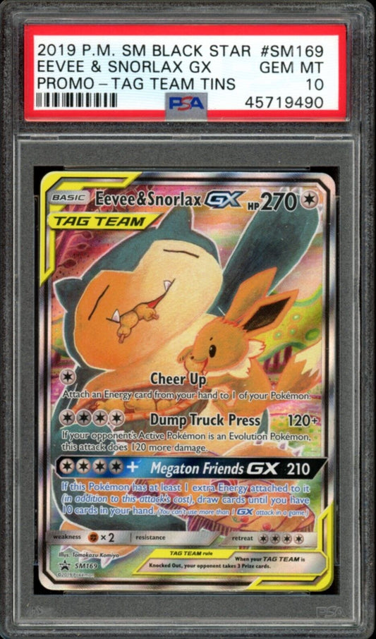 Eevee & Snorlax GX #SM169 Alt Art PSA 10 2019 S&M Black Star Promo Pokemon Card