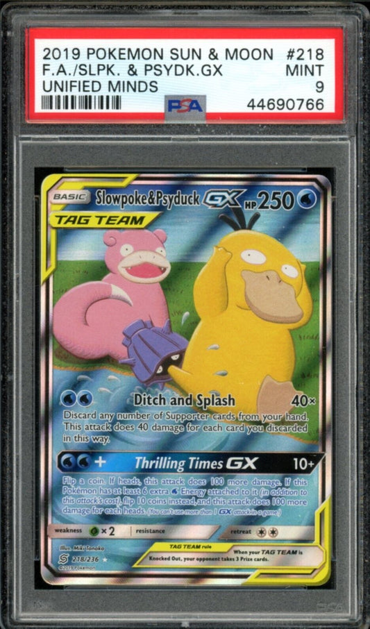 Slowpoke & Psyduck GX #218 Alt Art PSA 9 2019 S&M Unified Minds Pokemon Card