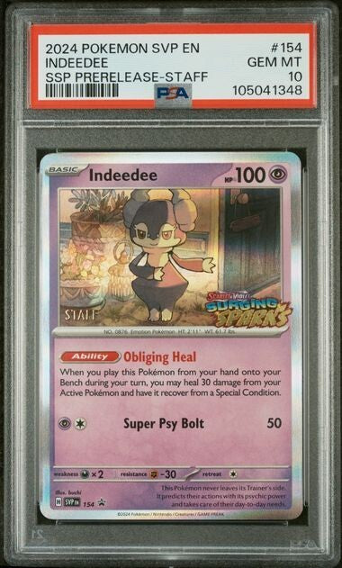 PSA 10 Indeedee Preelease Staff Holo #154 2024 Surging Sparks Pokemon Card