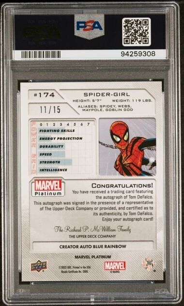 Spider-Girl #174 Creator Auto Blue Rainbow /15 PSA 10 UD 2023 Marvel Platinum