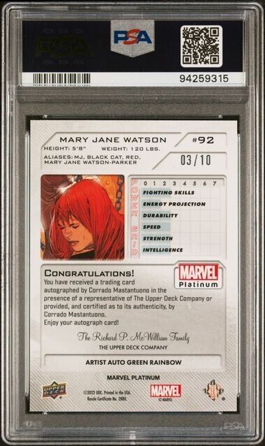 Mary Jane Watson #92 Artist Auto Green Rainbow /10 PSA 9 UD 2023 Marvel Platinum