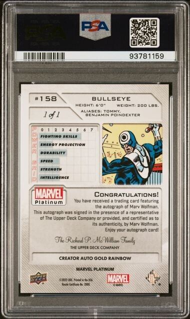 Bullseye #158 Creator Auto Gold Rainbow 1/1 PSA 9 UD 2023 Marvel Platinum