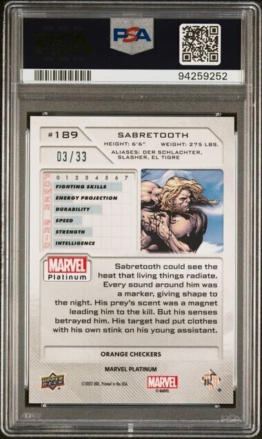 Sabertooth #189 Orange Checkers /33 PSA 10 Upper Deck 2023 Marvel Platinum