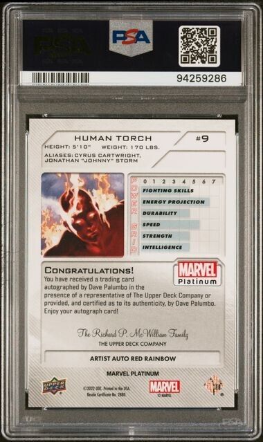 Human Torch #9 Artist Auto Red Rainbow PSA 10 Upper Deck 2023 Marvel Platinum