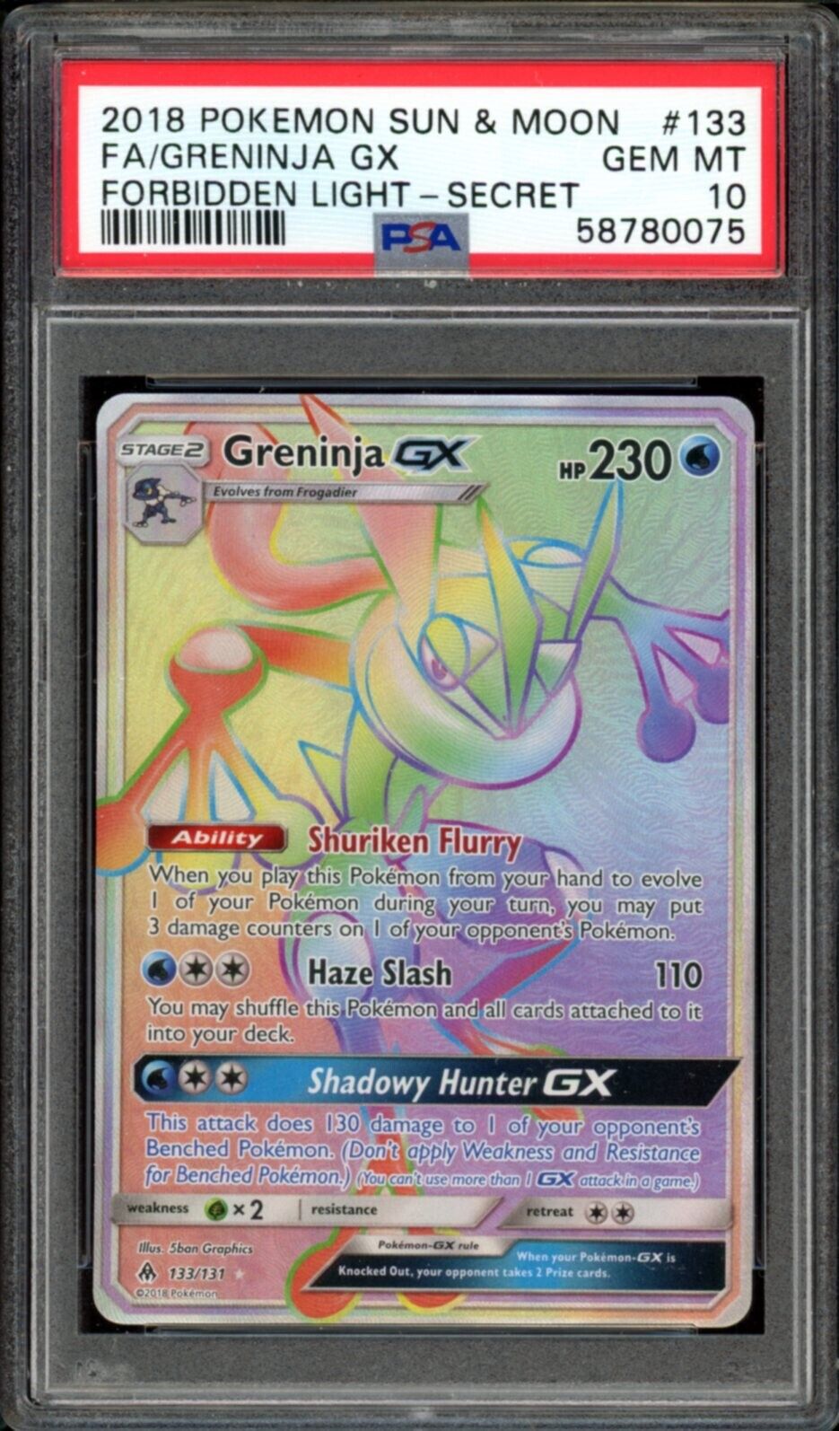 Greninja GX #133 PSA 10 Rainbow Full Art 2018 S&M Forbidden Light Pokemon Card