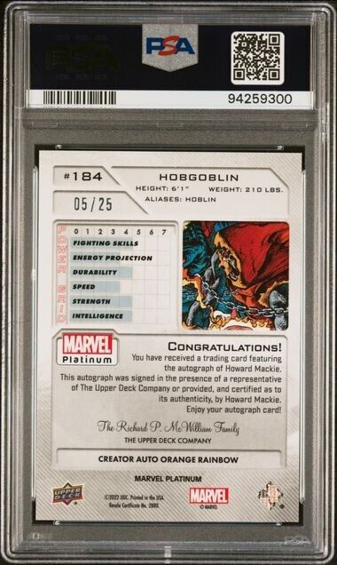 Hobgoblin #184 Creator Auto Orange Rainbow /25 PSA 9 UD 2023 Marvel Platinum