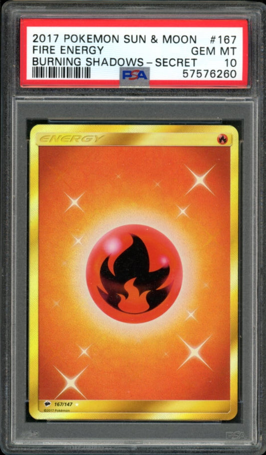 PSA 10 Gem Mint Fire Energy Gold Secret #167 2017 Burning Shadows Pokemon Card
