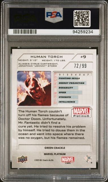 Human Torch #9 Green Crackle /99 PSA 9 Upper Deck 2023 Marvel Platinum