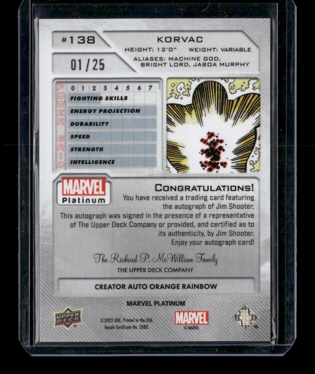 Korvac #138 Creator Auto Orange Rainbow 1/25 ALPHA UD 2023 Marvel Platinum