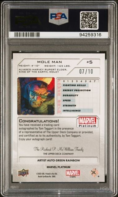 Mole Man #5 Artist Auto Green Rainbow /10 PSA 9 UD 2023 Marvel Platinum