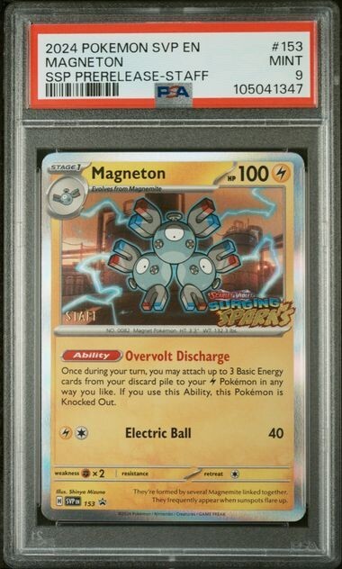 PSA 9 Magneton Preelease Staff Holo #153 2024 Surging Sparks Pokemon Card