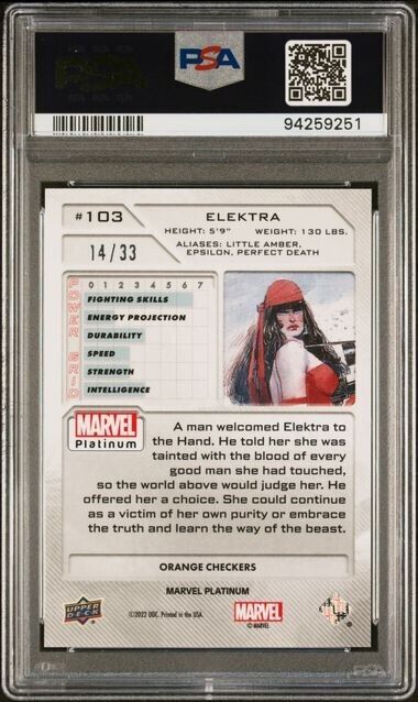 Elektra #103 Orange Checkers /33 PSA 10 Upper Deck 2023 Marvel Platinum