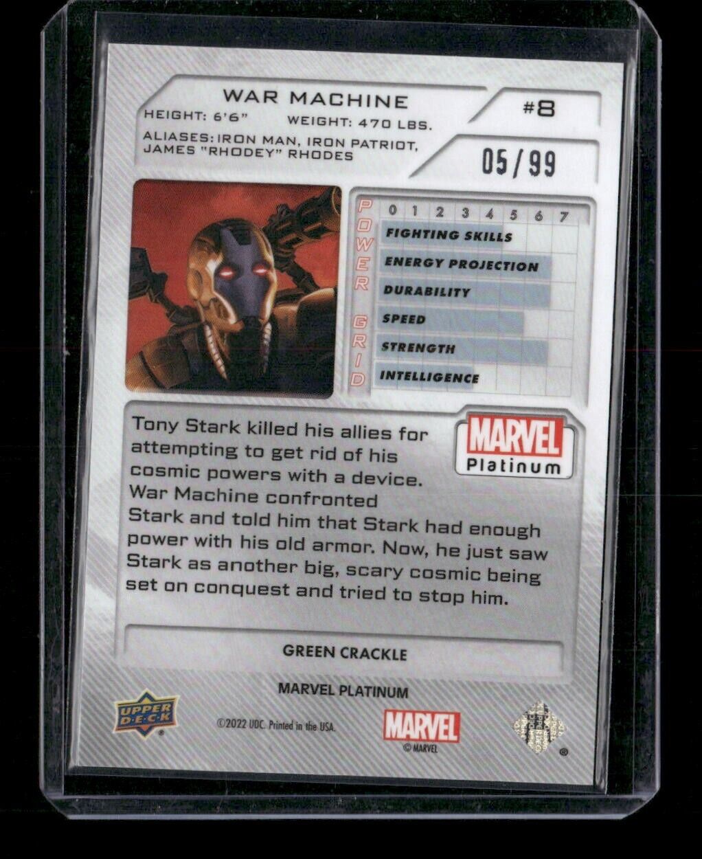 War Machine #8 Green Crackle /99 Upper Deck 2023 Marvel Platinum