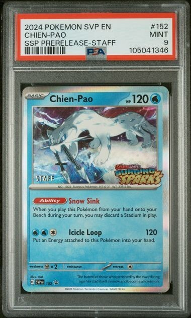 PSA 9 Chien-Pao Prerelease Staff Holo #152 2024 Surging Sparks Pokemon Card