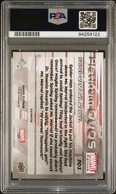 Spider-Man & Ms. Marvel Platinum Duos PD3 Rainbow PSA 10 2023 UD Marvel Platinum