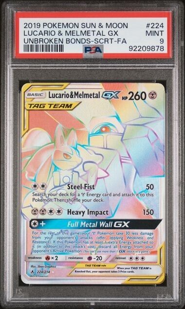 Lucario & Melmetal GX #224 PSA 9 Rainbow 2019 S&M Unbroken Bonds Pokemon Card