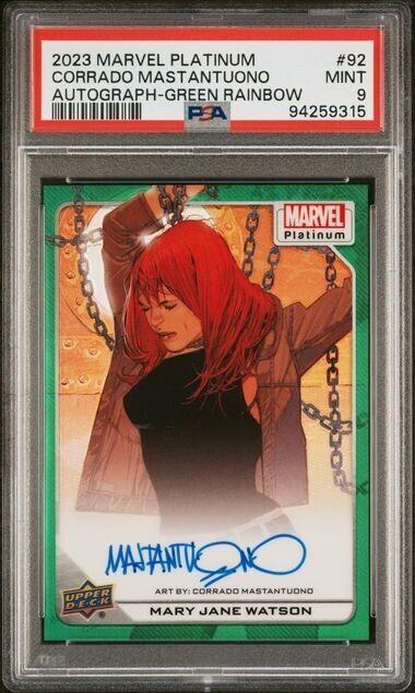 Mary Jane Watson #92 Artist Auto Green Rainbow /10 PSA 9 UD 2023 Marvel Platinum