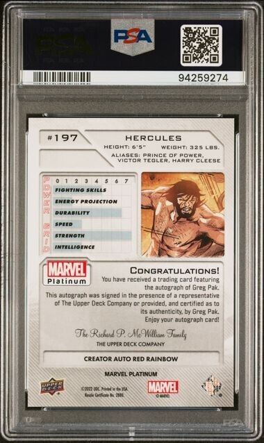 Hercules #197 Creator Auto Red Rainbow PSA 10 Upper Deck 2023 Marvel Platinum